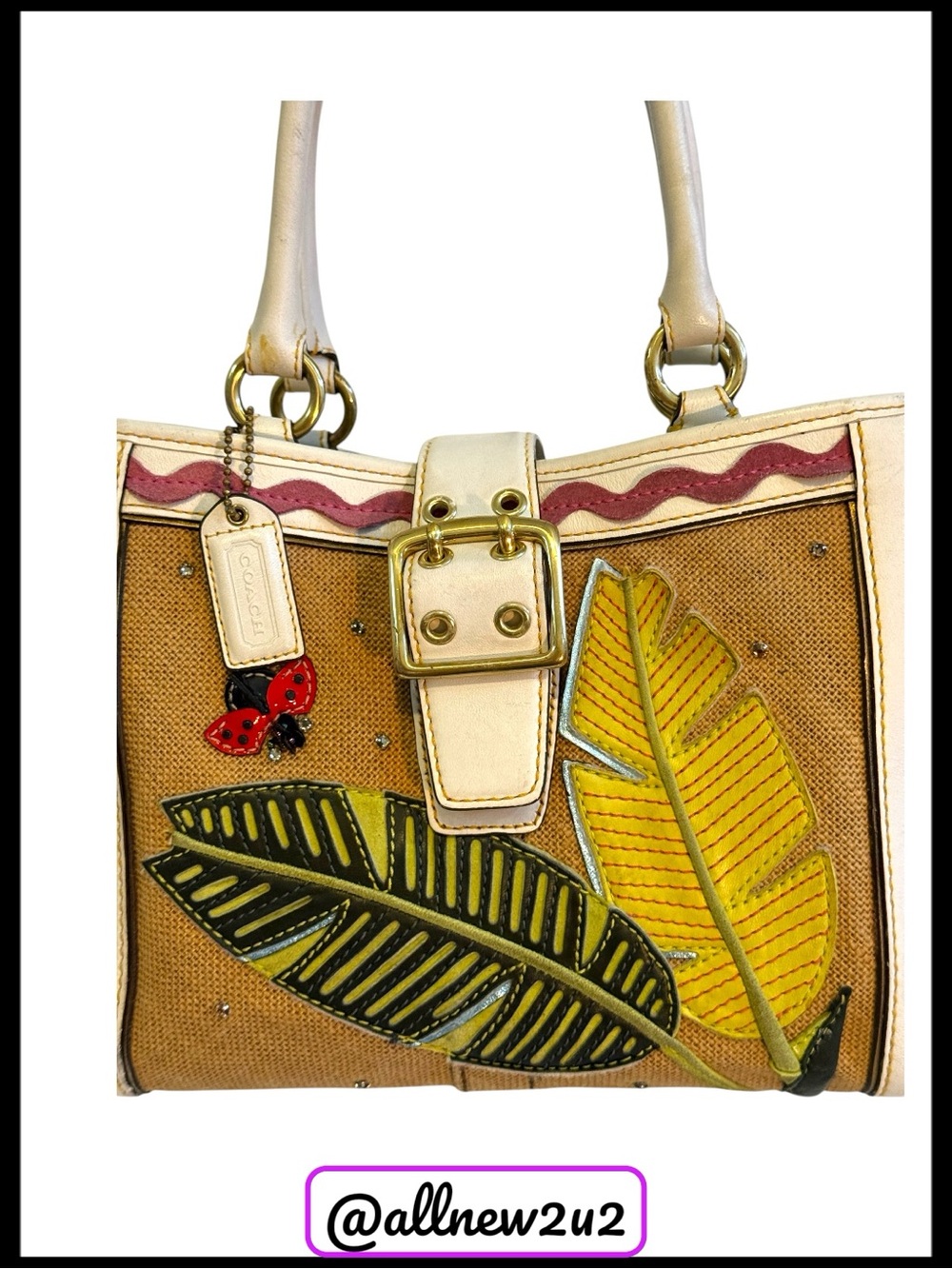 Coach Limited Edition Leafy Lady Bug Boxy Straw / Burlap & Leather Bag Host Pick - Picture 4 of 13